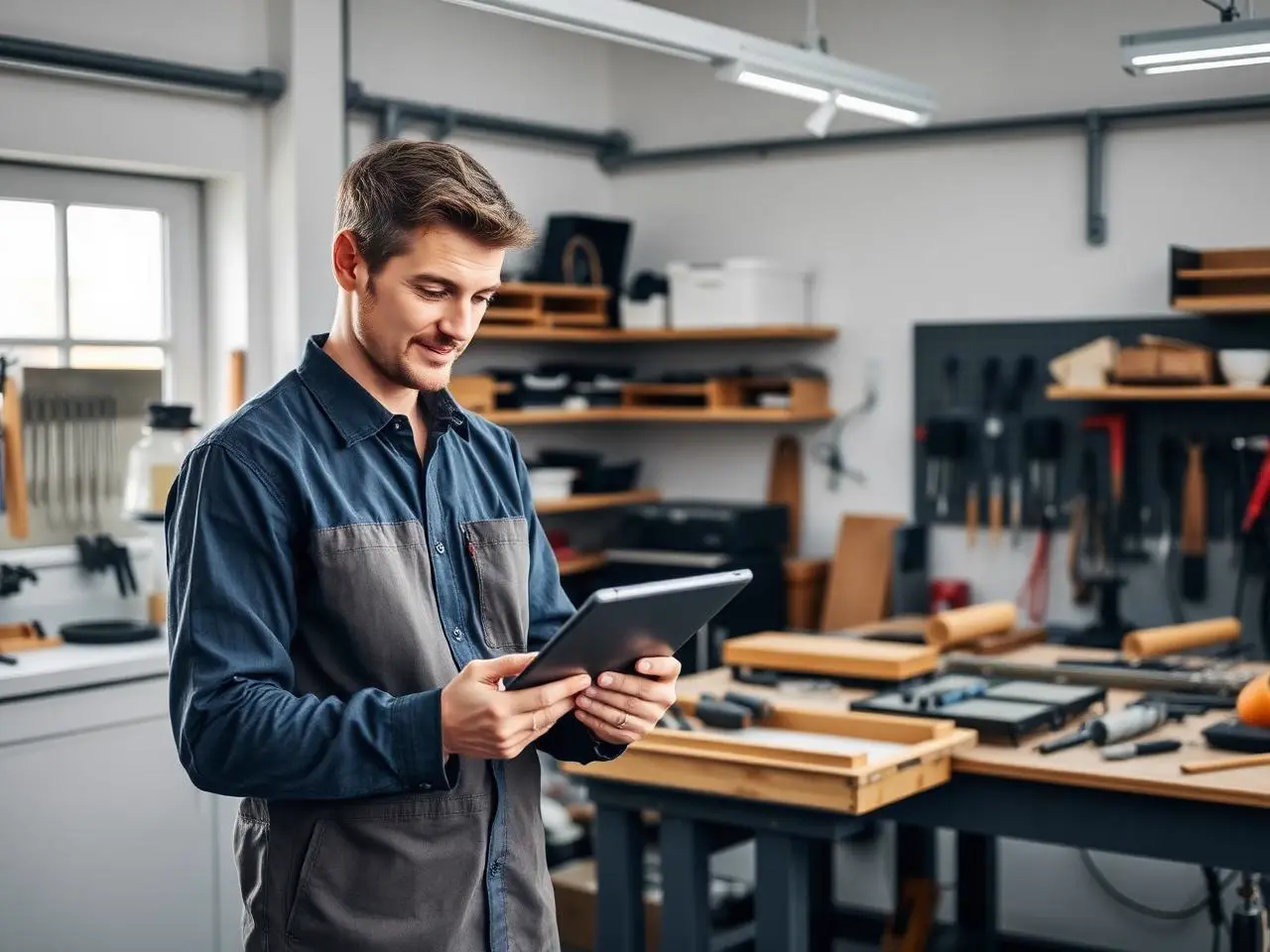 Fachkraft mit Tablet in einer aufgeräumten Werkstatt
