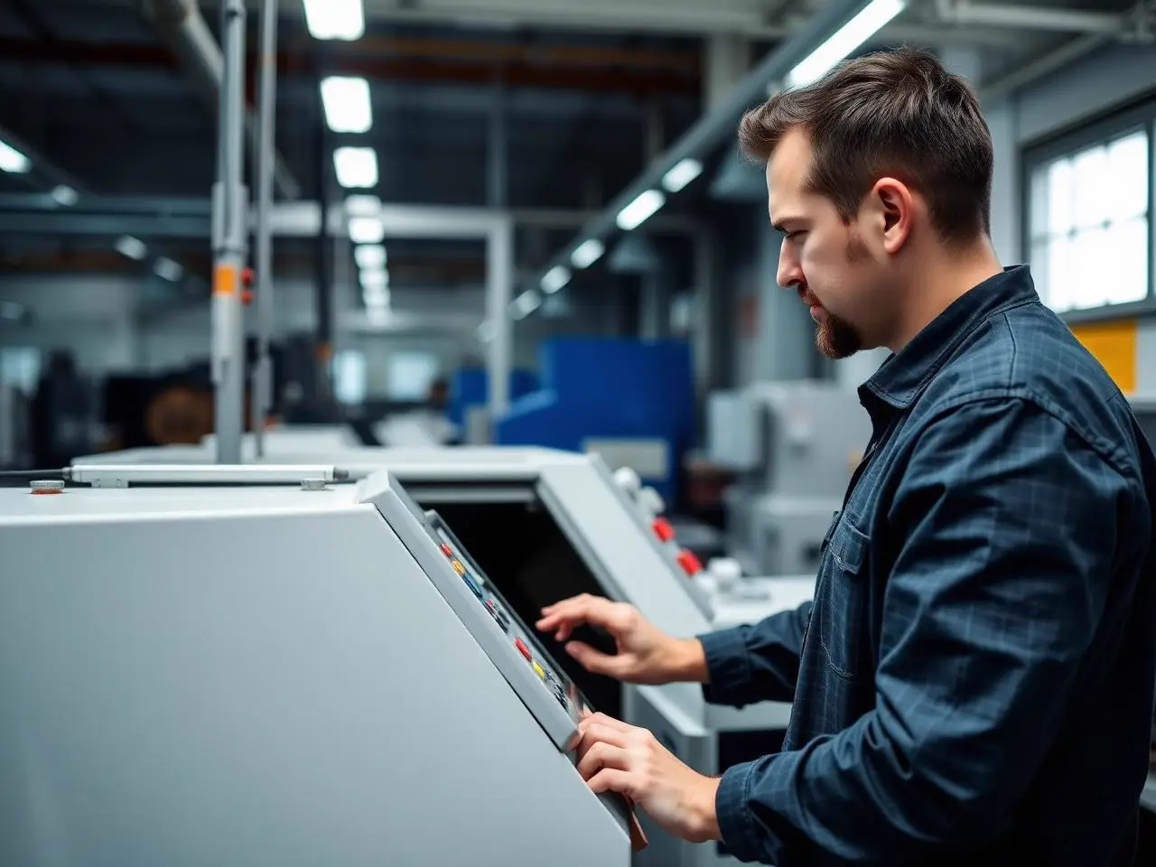 Fachkraft an einer Maschine mit digitalem Terminal