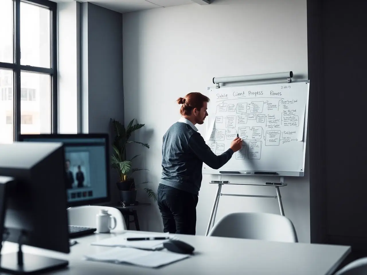 Mitarbeitender strukturiert einen Kundenprozess am Whiteboard